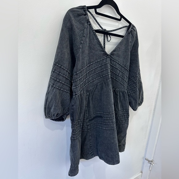 Mustard Seed Black Dark Wash V Neck Denim Midi Dress with Pockets - S - Picture 9 of 11